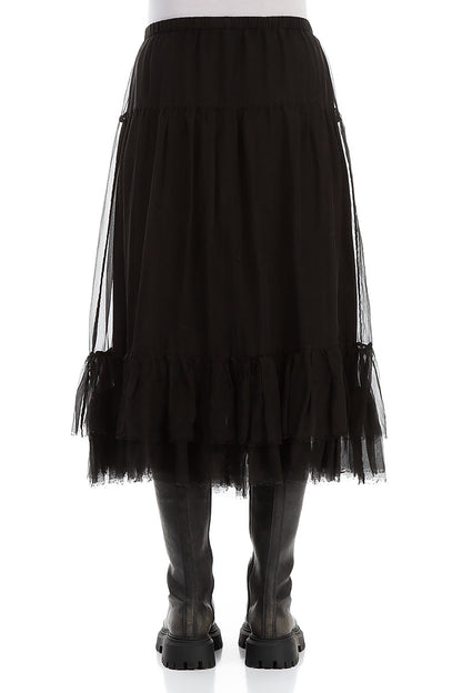 Ruffled Black Silk Chiffon Midi Skirt