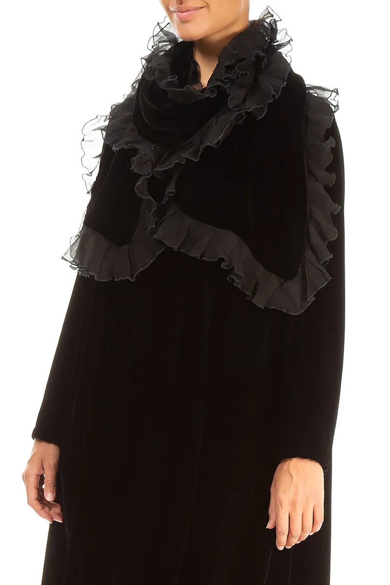 Ruffled Black Silk Velvet Scarf 3
