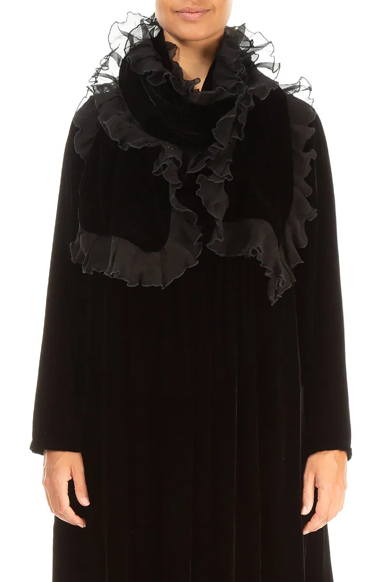 Ruffled Black Silk Velvet Scarf 1