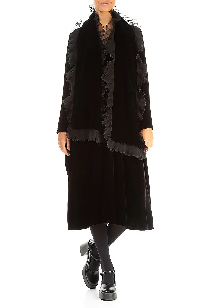 Ruffled Black Silk Velvet Scarf 2