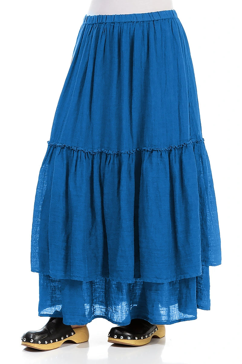 Ruffled Cobalt Blue Maxi Gauze Linen Skirt 3