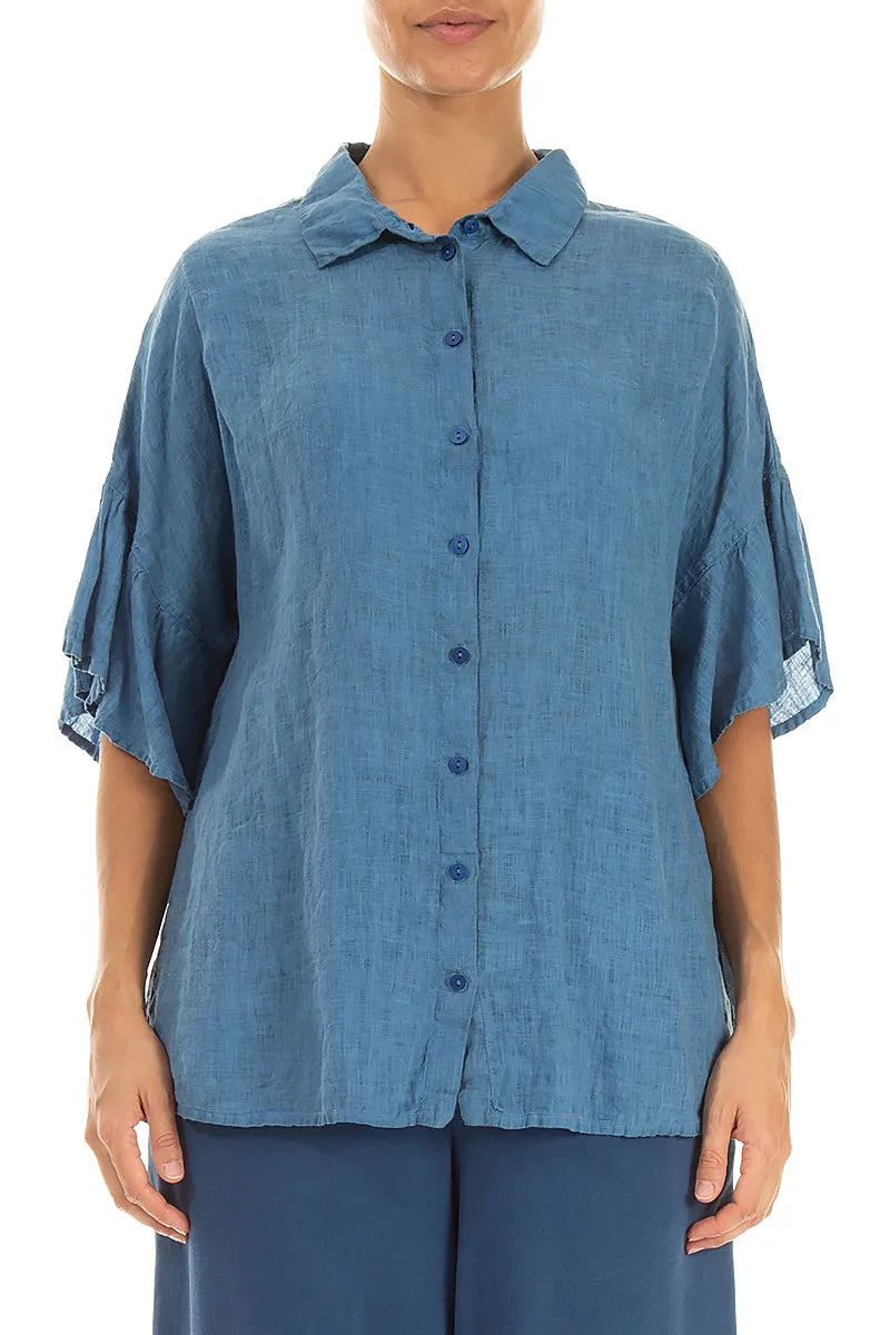 Ruffled Cuffs Cobalt Blue Linen Shirt 1