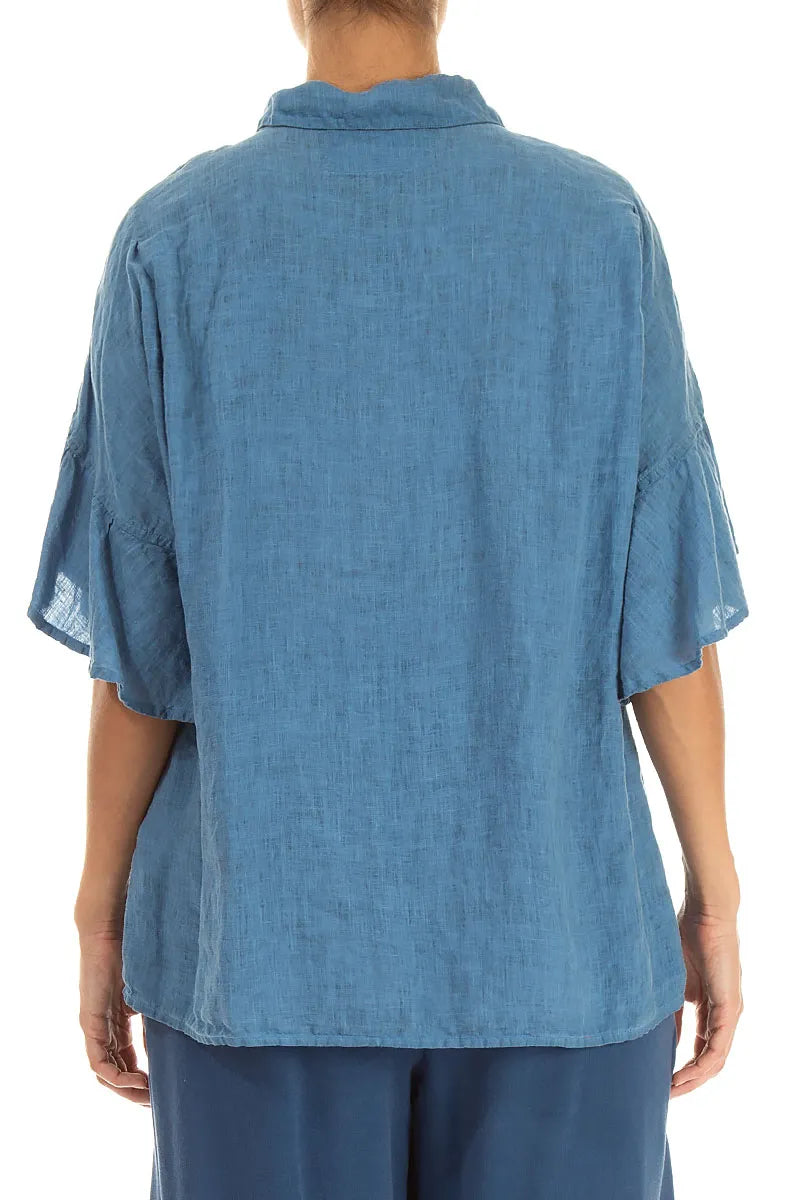 Ruffled Cuffs Cobalt Blue Linen Shirt 2