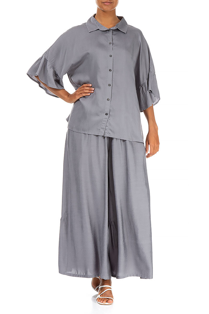 Ruffled Cuffs Storm Grey Silk Bamboo Shirt