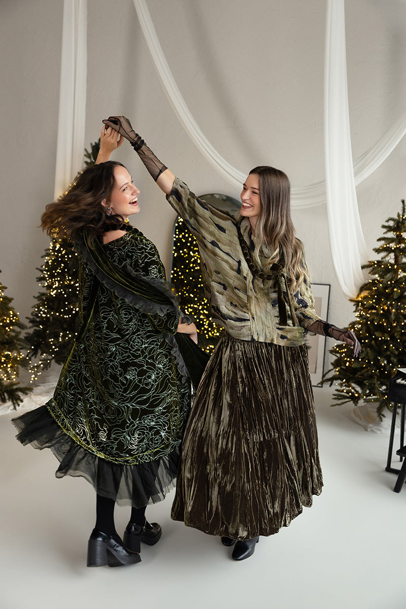 Ruffled Forest Mist Silk Velvet Scarf