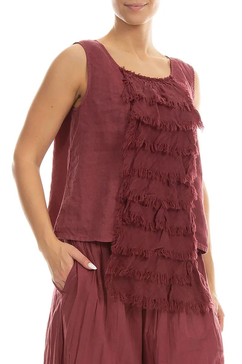 Ruffled Fringed Antique Ruby Linen Blouse 3