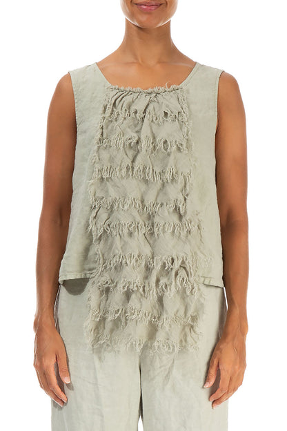 Ruffled Fringed Laurel Green Linen Blouse 1
