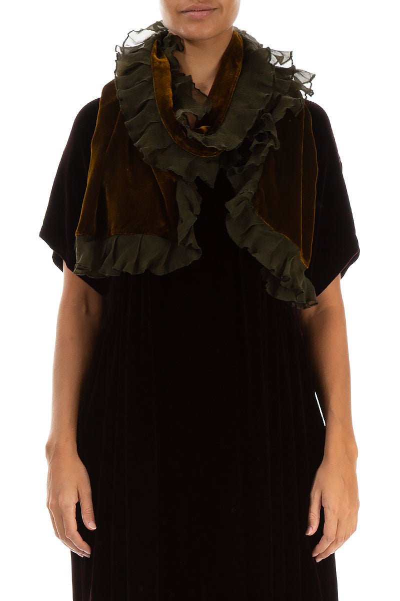 Ruffled Golden Olive Silk Velvet Scarf