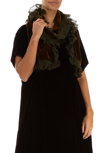 Ruffled Golden Olive Silk Velvet Scarf