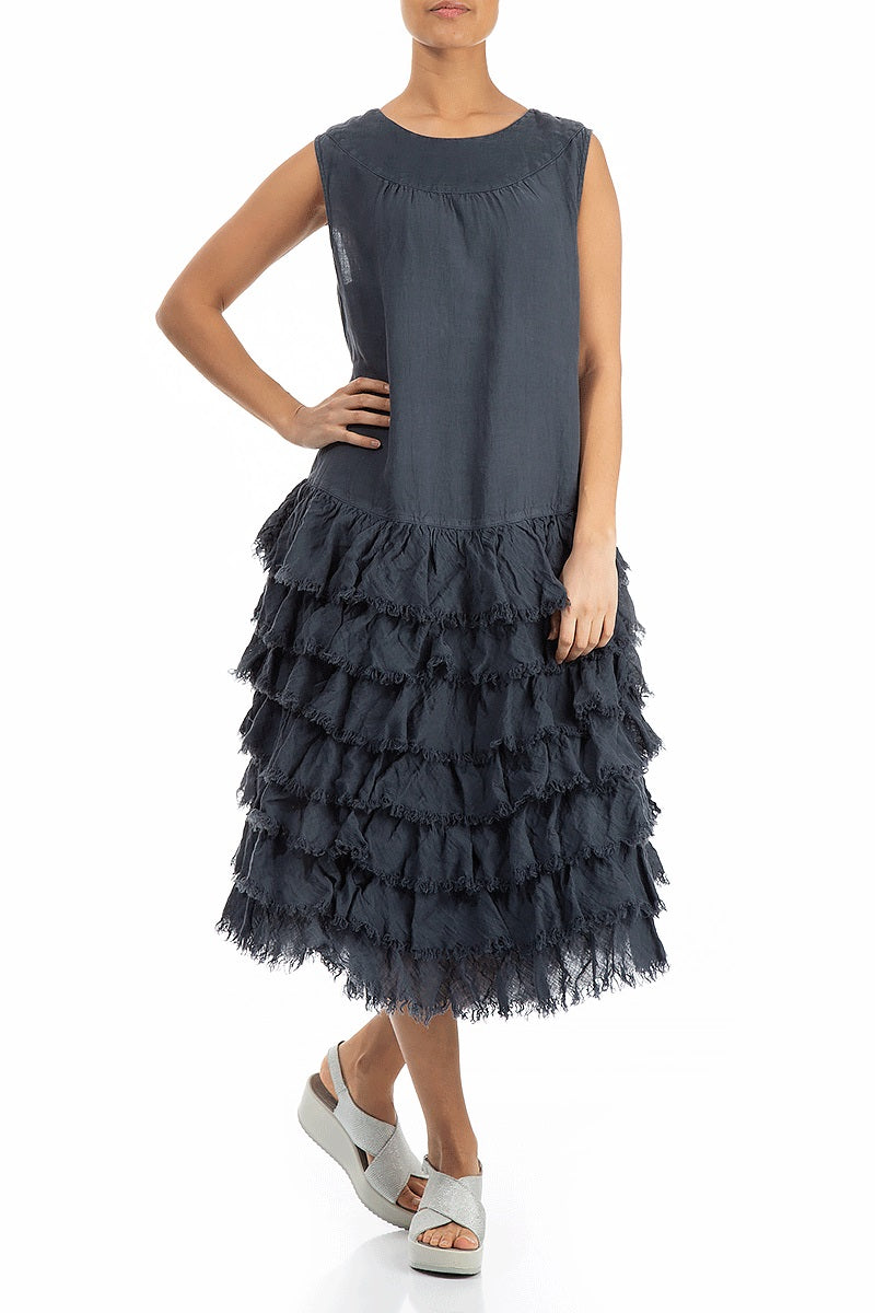 Ruffled Graphite Gauze Linen Dress 5