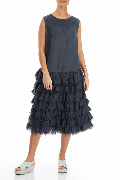Ruffled Graphite Gauze Linen Dress 4