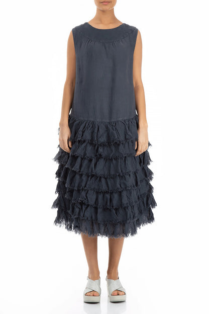 Ruffled Graphite Gauze Linen Dress 1