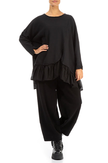 Ruffled Hem Black Cotton Tunic