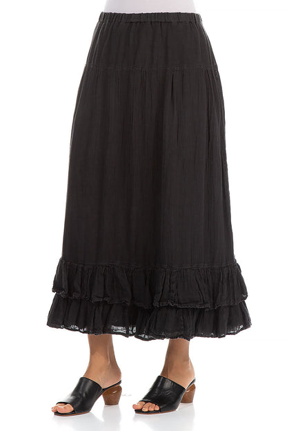 Ruffled Hem Black Gauze Linen Maxi Skirt 3