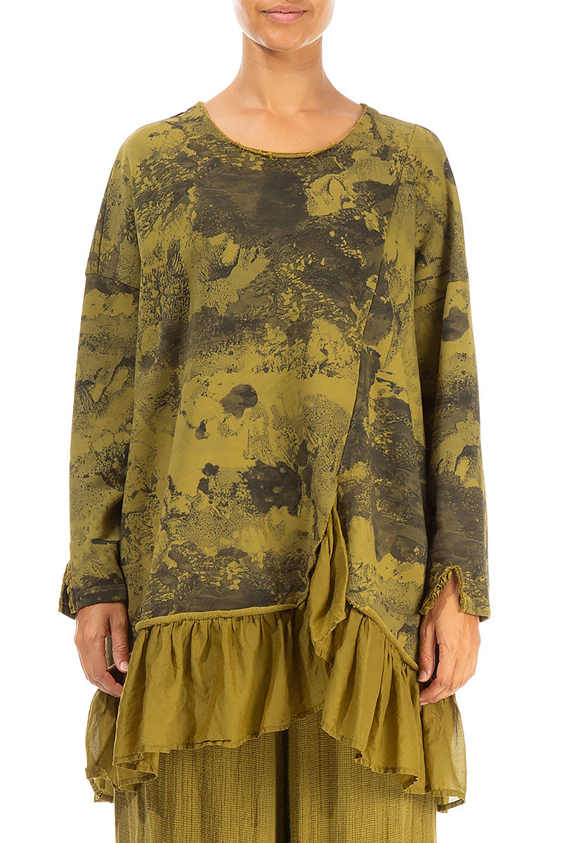 Ruffled Hem Golden Olive Marble Cotton Tunic