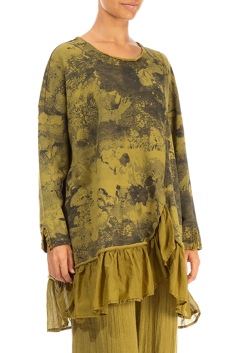 Ruffled Hem Golden Olive Marble Cotton Tunic