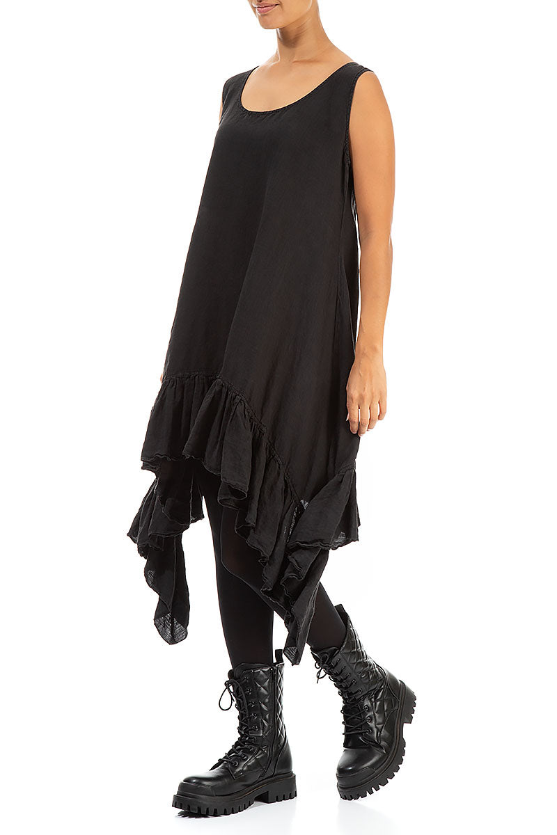 Ruffled Hem Sleeveless Black Linen Tunic Dress 3
