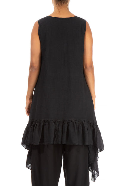 Ruffled Hem Sleeveless Black Linen Tunic Dress 2
