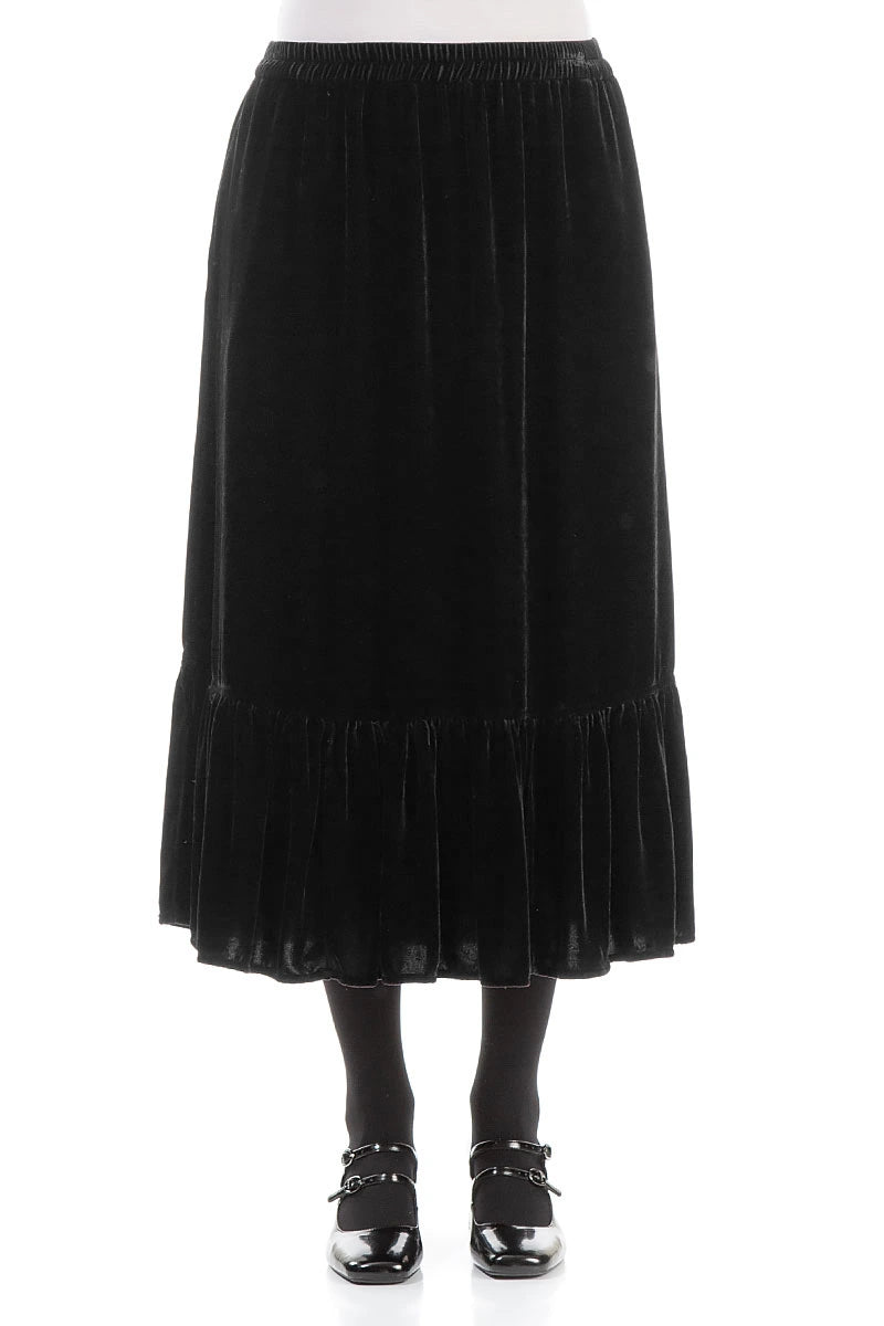 Ruffled Hemline Black Silk Velvet Skirt 1