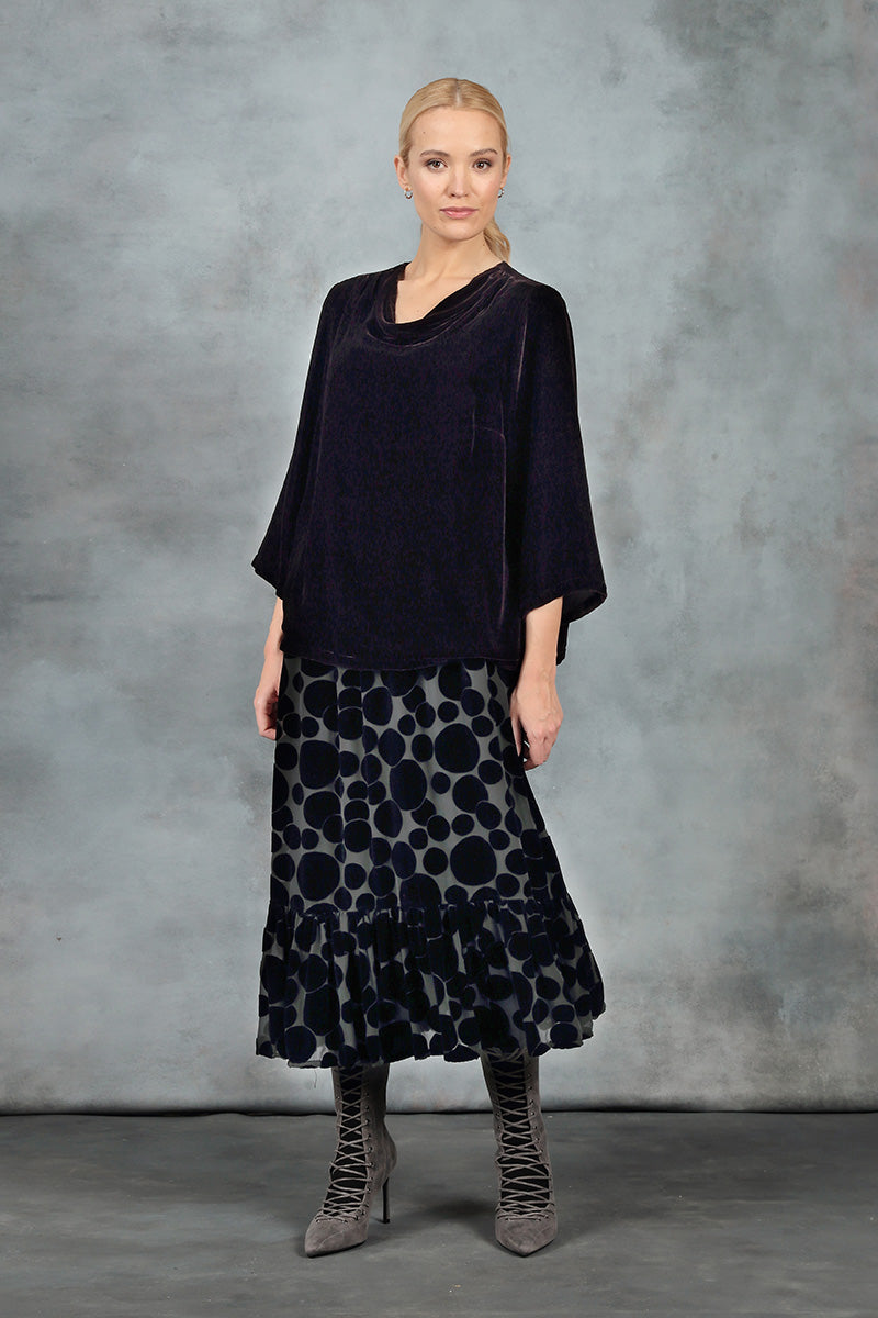 Ruffled Hemline Devoré Bubbles Midnight Blue Silk Velvet Skirt