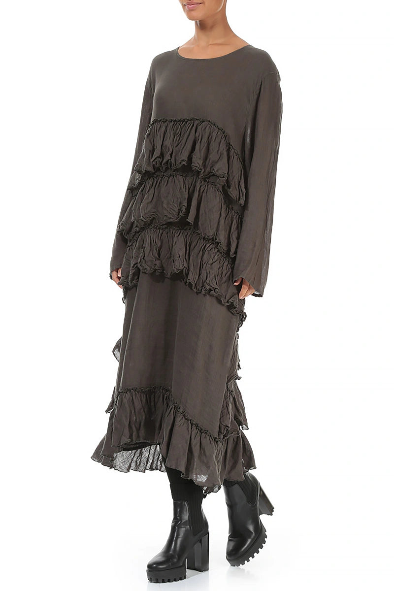 Ruffled Layers Khaki Gauze Linen Dress 3