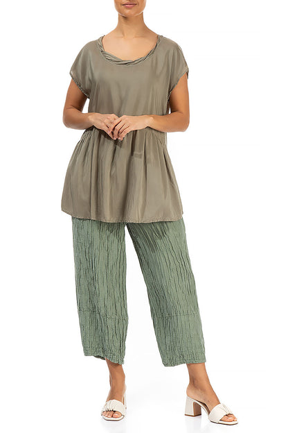 Ruffled Light Khaki Silk Bamboo Blouse