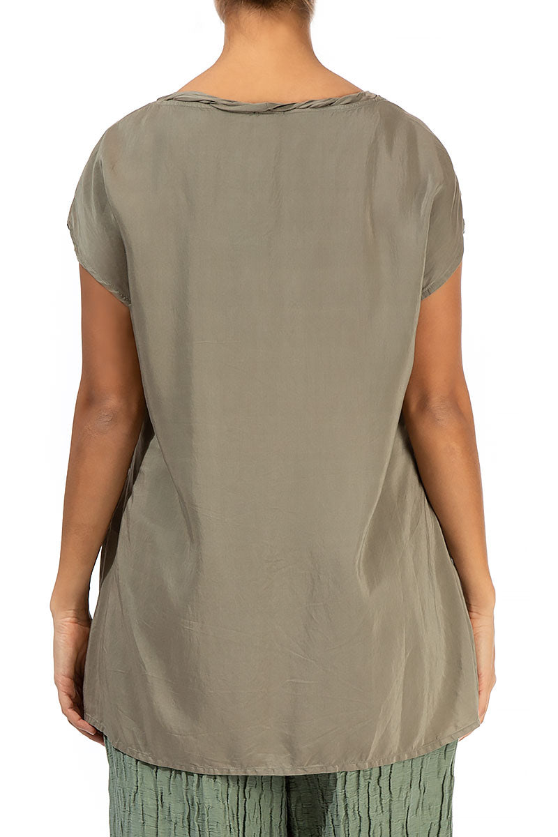 Ruffled Light Khaki Silk Bamboo Blouse