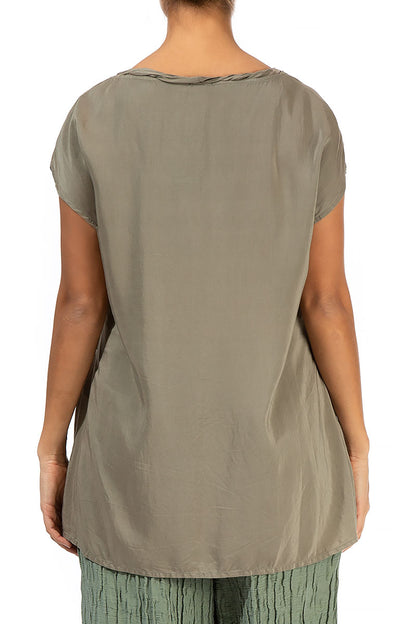 Ruffled Light Khaki Silk Bamboo Blouse