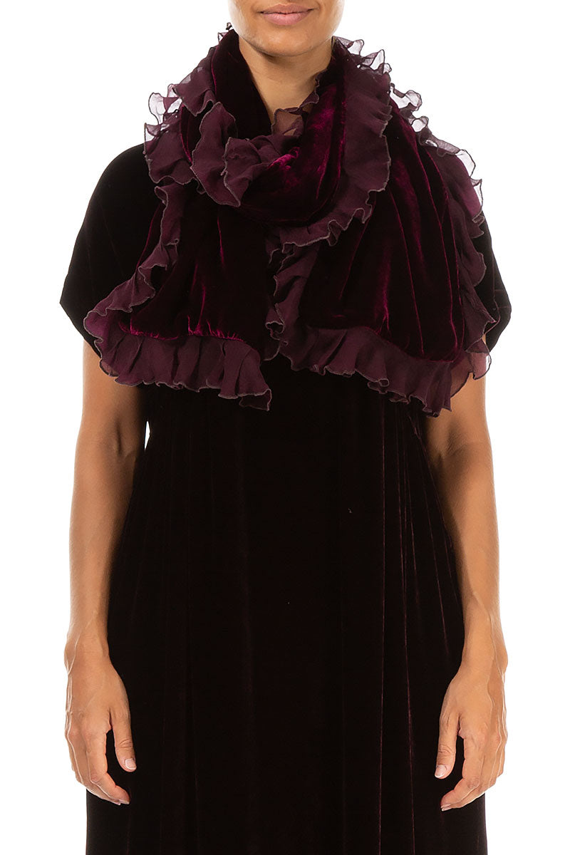 Ruffled Magenta Silk Velvet Scarf