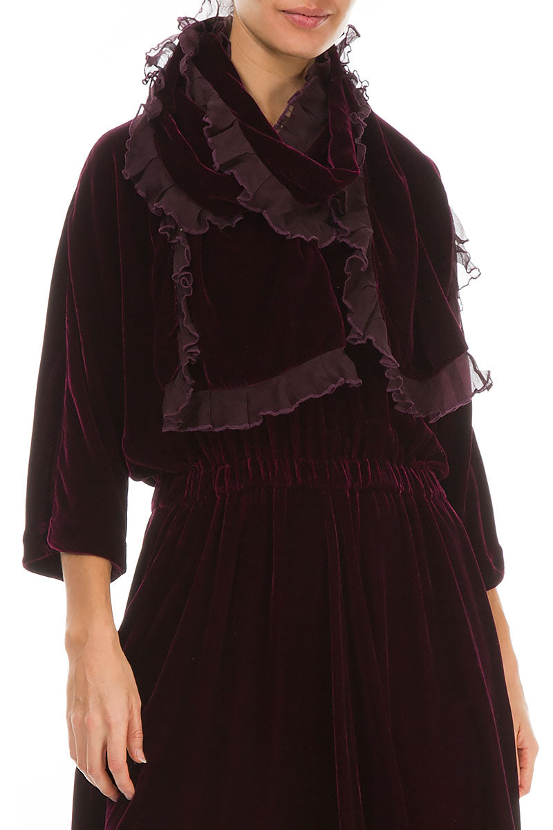 Ruffled Magenta Silk Velvet Scarf