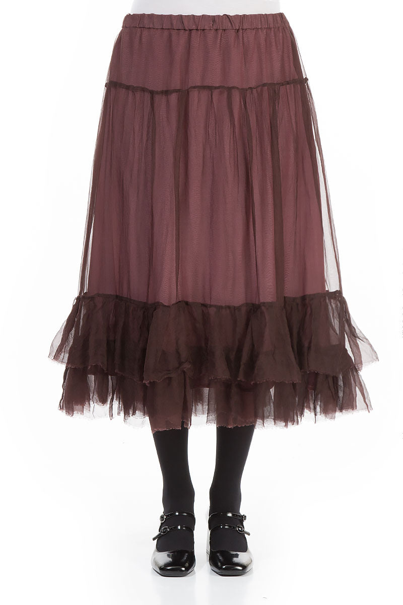 Ruffled Merlot Silk Chiffon Midi Skirt