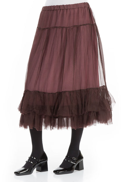 Ruffled Merlot Silk Chiffon Midi Skirt