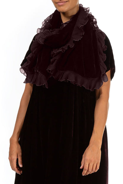 Ruffled Merlot Silk Velvet Scarf