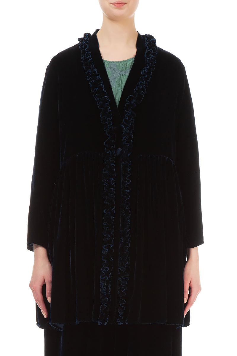 Ruffled Navy Silk Velvet Jacket