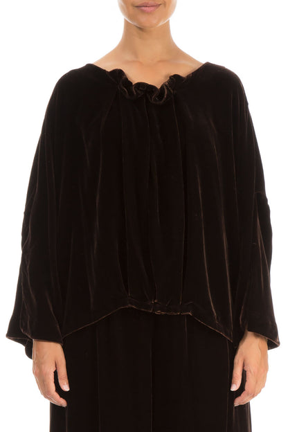 Ruffled Neck Chocolate Silk Velvet Blouse