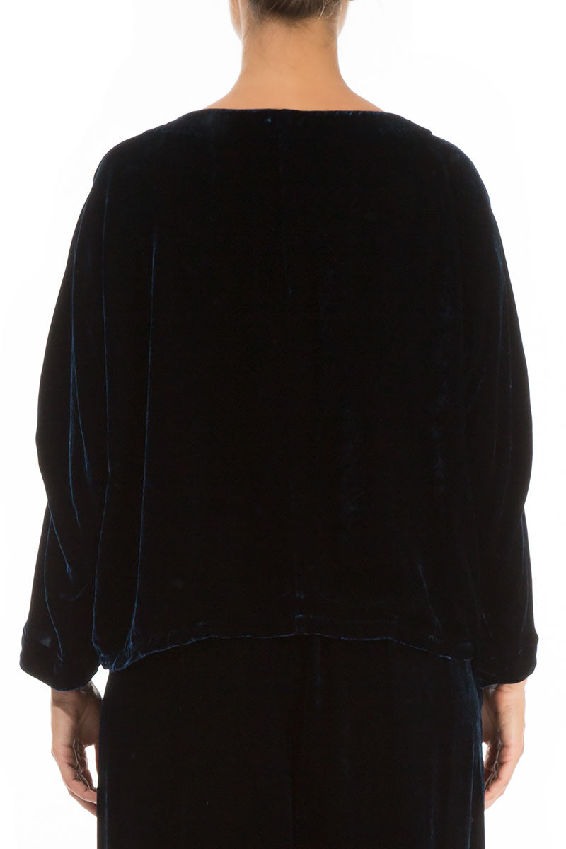 Ruffled Neck Navy Silk Velvet Blouse