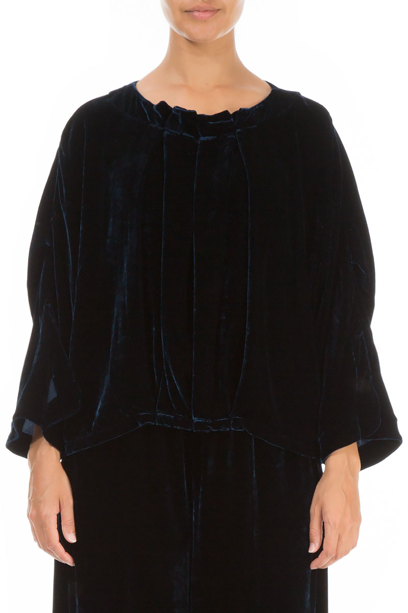 Ruffled Neck Navy Silk Velvet Blouse