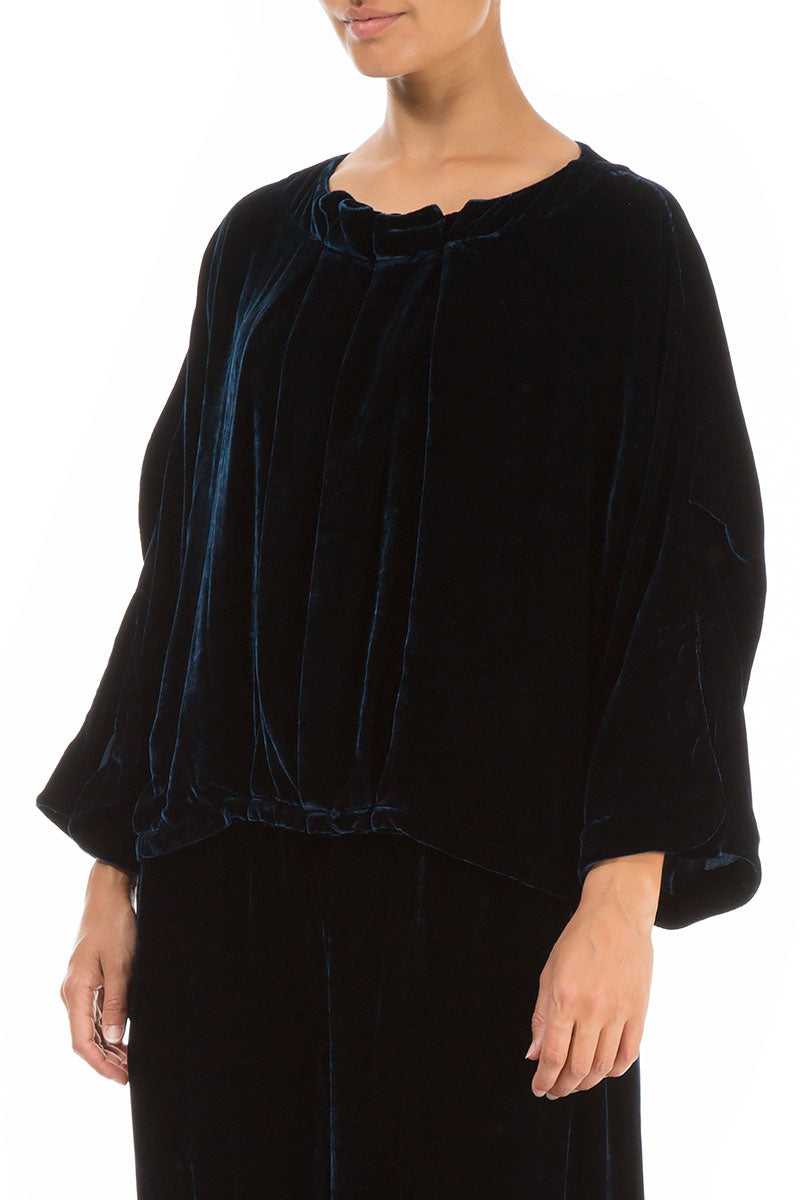 Ruffled Neck Navy Silk Velvet Blouse