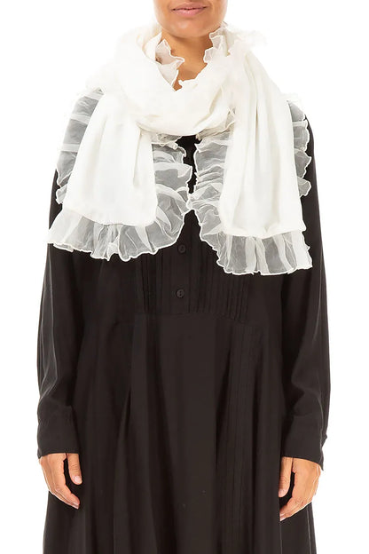 Ruffled Off White Silk Velvet Scarf 1