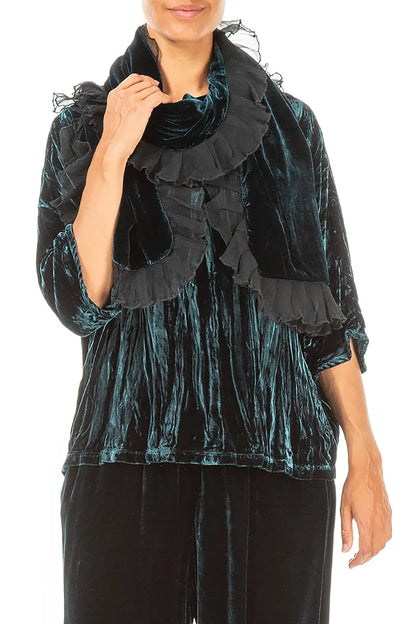 Ruffled Peacock Silk Velvet Scarf 3