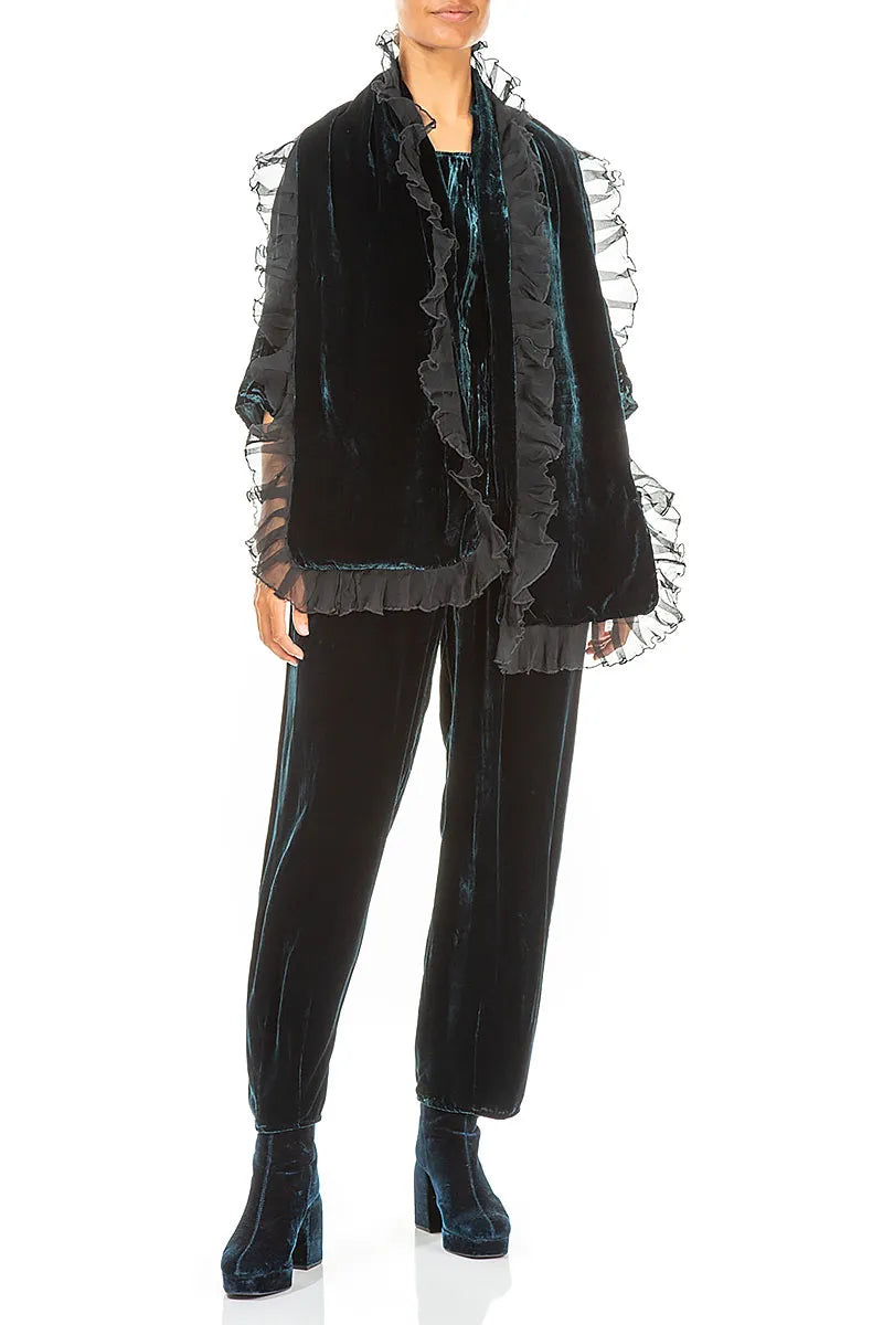 Ruffled Peacock Silk Velvet Scarf 2