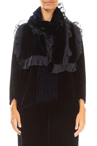 Ruffled Royal Blue Silk Velvet Scarf 1