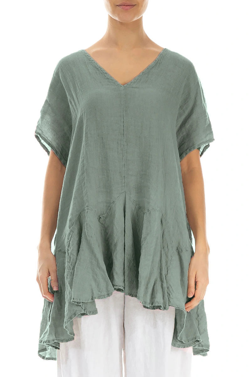 Ruffled Sage Gauze Linen Blouse 1