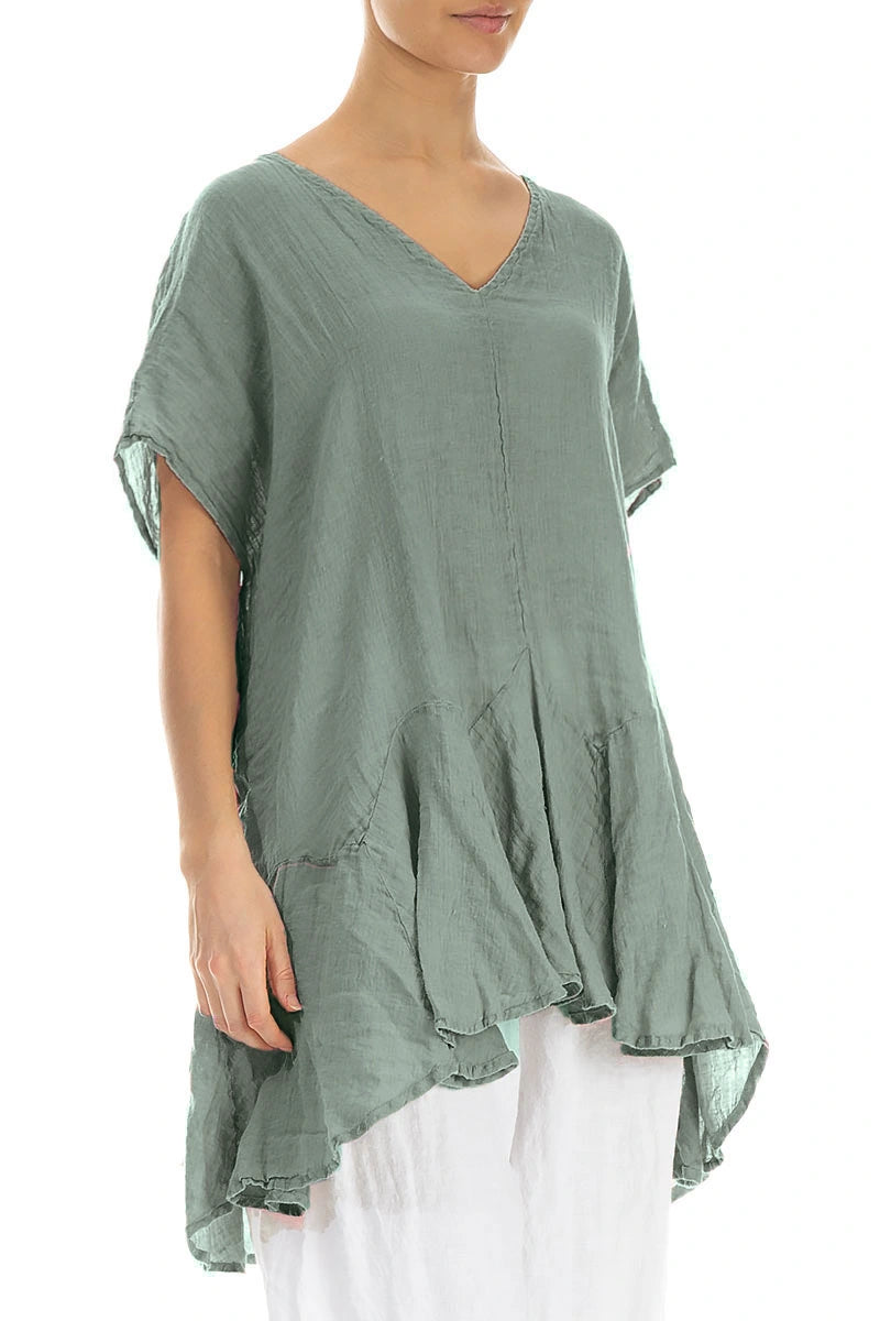 Ruffled Sage Gauze Linen Blouse 3