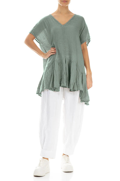 Ruffled Sage Gauze Linen Blouse 4