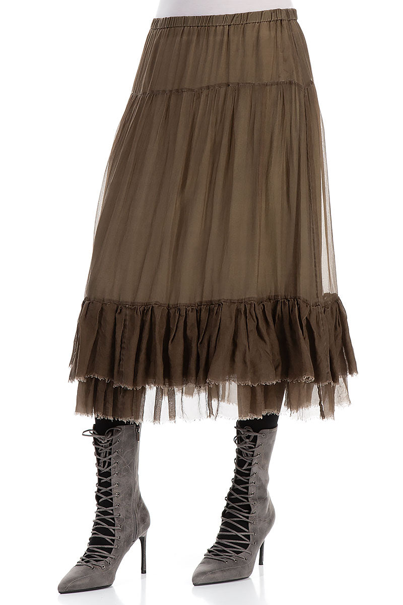 Ruffled Silver Sage Silk Chiffon Midi Skirt 3