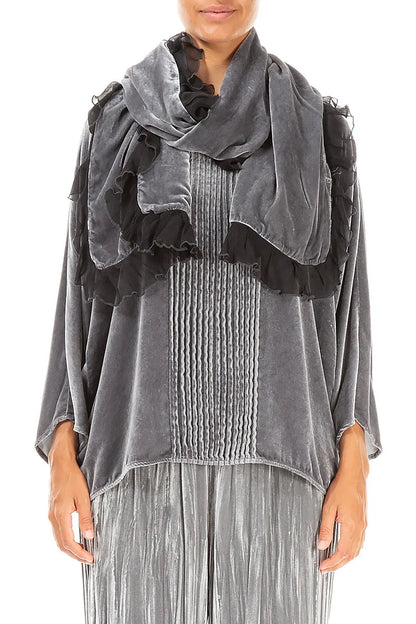 Ruffled Silver Silk Velvet Scarf 1