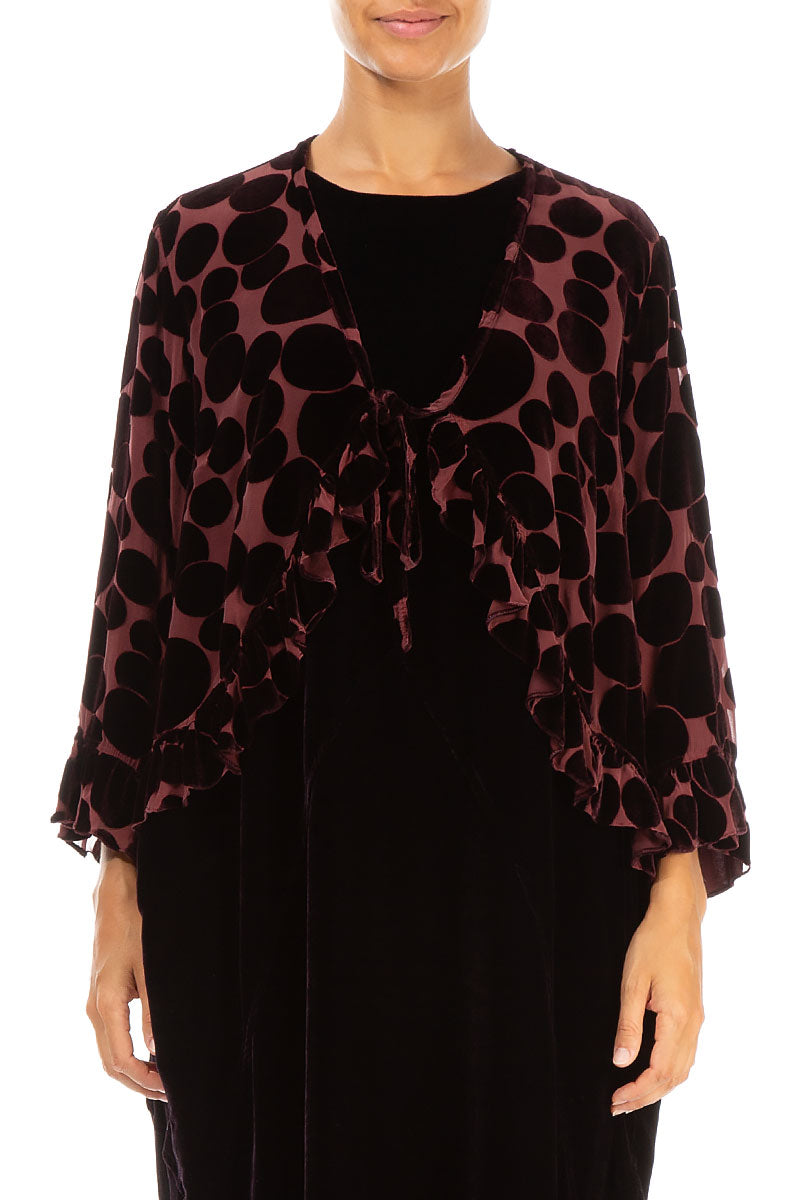 Ruffled Tie-Up Devoré Bubbles Merlot Silk Velvet Jacket