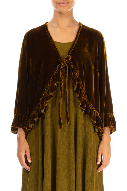 Ruffled Tie-Up Golden Olive Silk Velvet Jacket