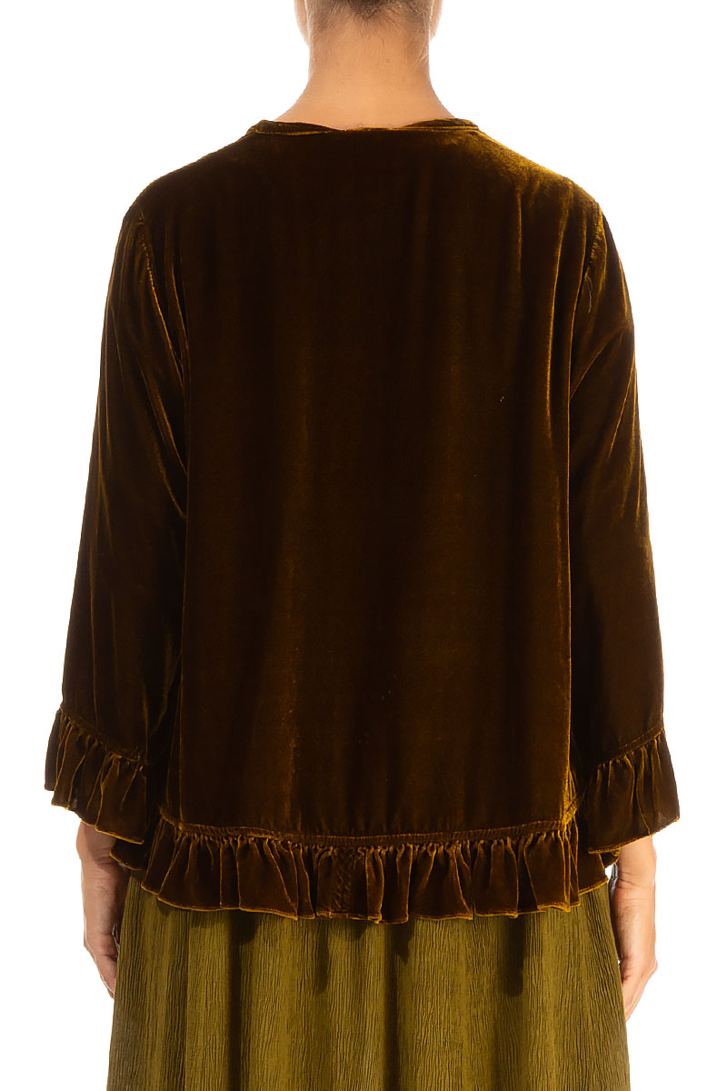 Ruffled Tie-Up Golden Olive Silk Velvet Jacket